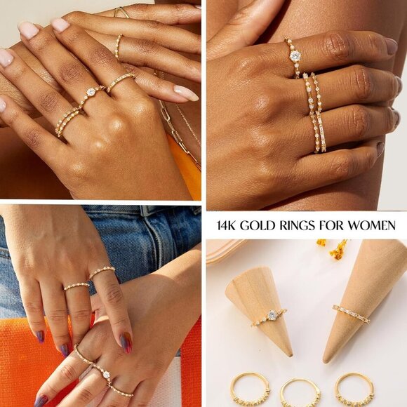 Trendy 5PCS Non-Tarnish Gold Stacking Rings with Cubic Zirconia - Size 6-10 - Picture 3 of 6